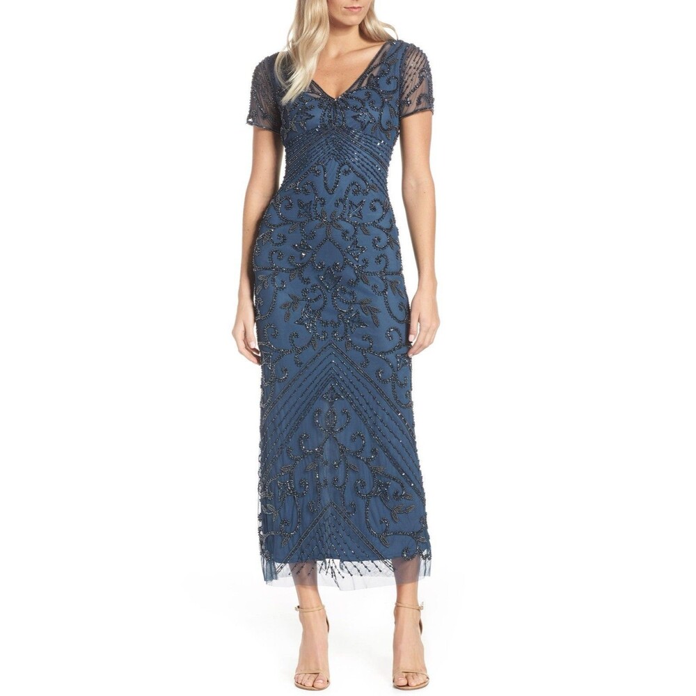 Pizarro Nights Beaded Dress Size 2 Coastal Blue Evening Gown Nordstrom Flaw NWT